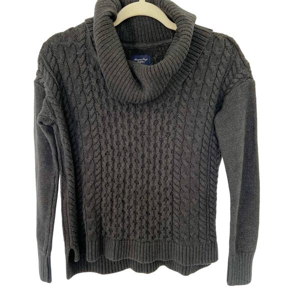Vintage American Eagle XS Grey Chunky Cable Knit Cowl Turtleneck Sweater - Picture 2 of 6